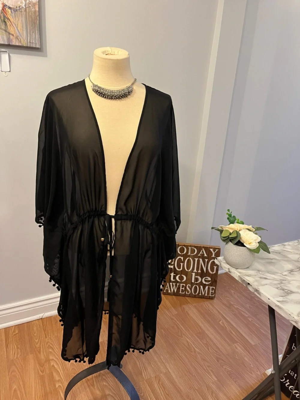 GEORGE Black Swim Sheer Coverup Tassels and Pom Poms 1X - Picture 2 of 10